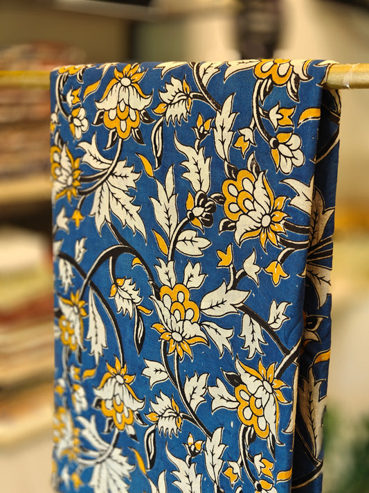 Blue Kalamkari Saree with Floral Prints