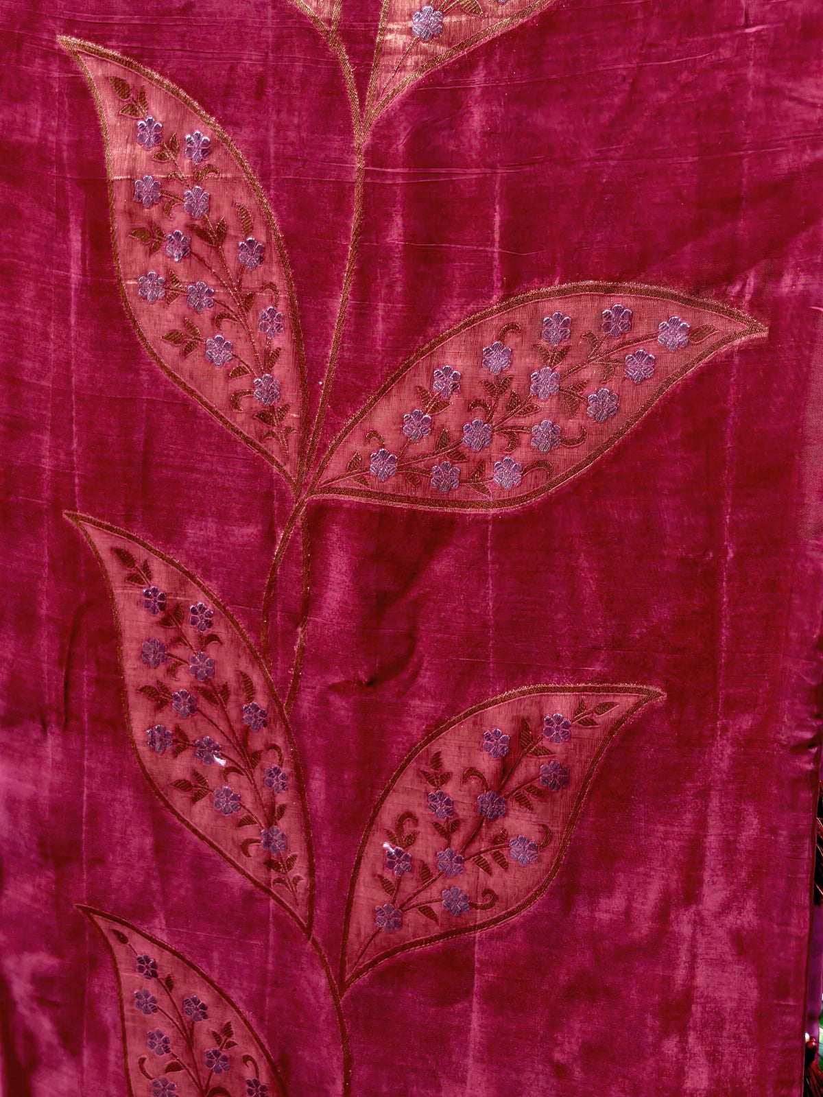 Ruby Radiance Golden Leaf Glass Tissue Saree