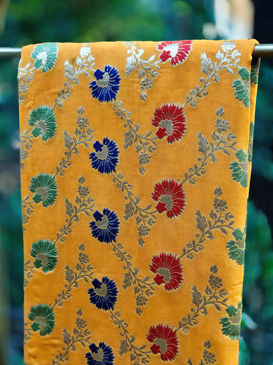Mustard Yellow Georgette Meena Weaving Saree with Multicolour Floral Motifs