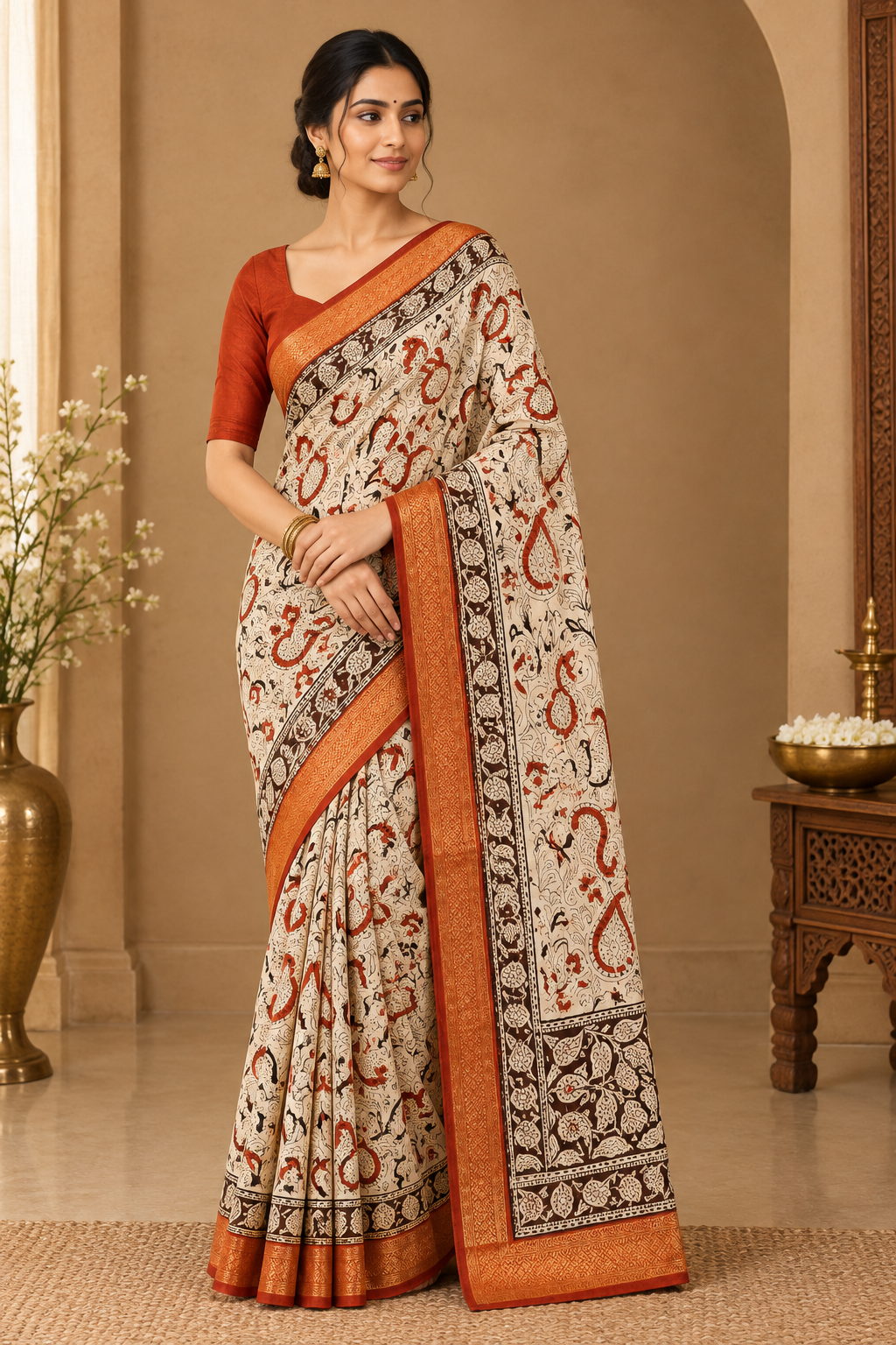 Cream Kalamkari Saree with Rust & Black Motifs