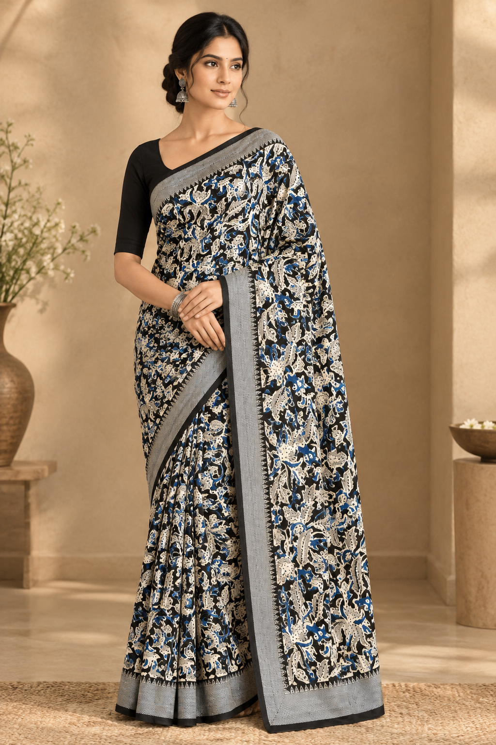 Black, White & Blue Kalamkari Saree