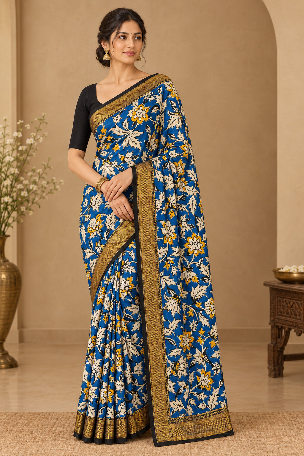 Blue Kalamkari Saree with Floral Prints