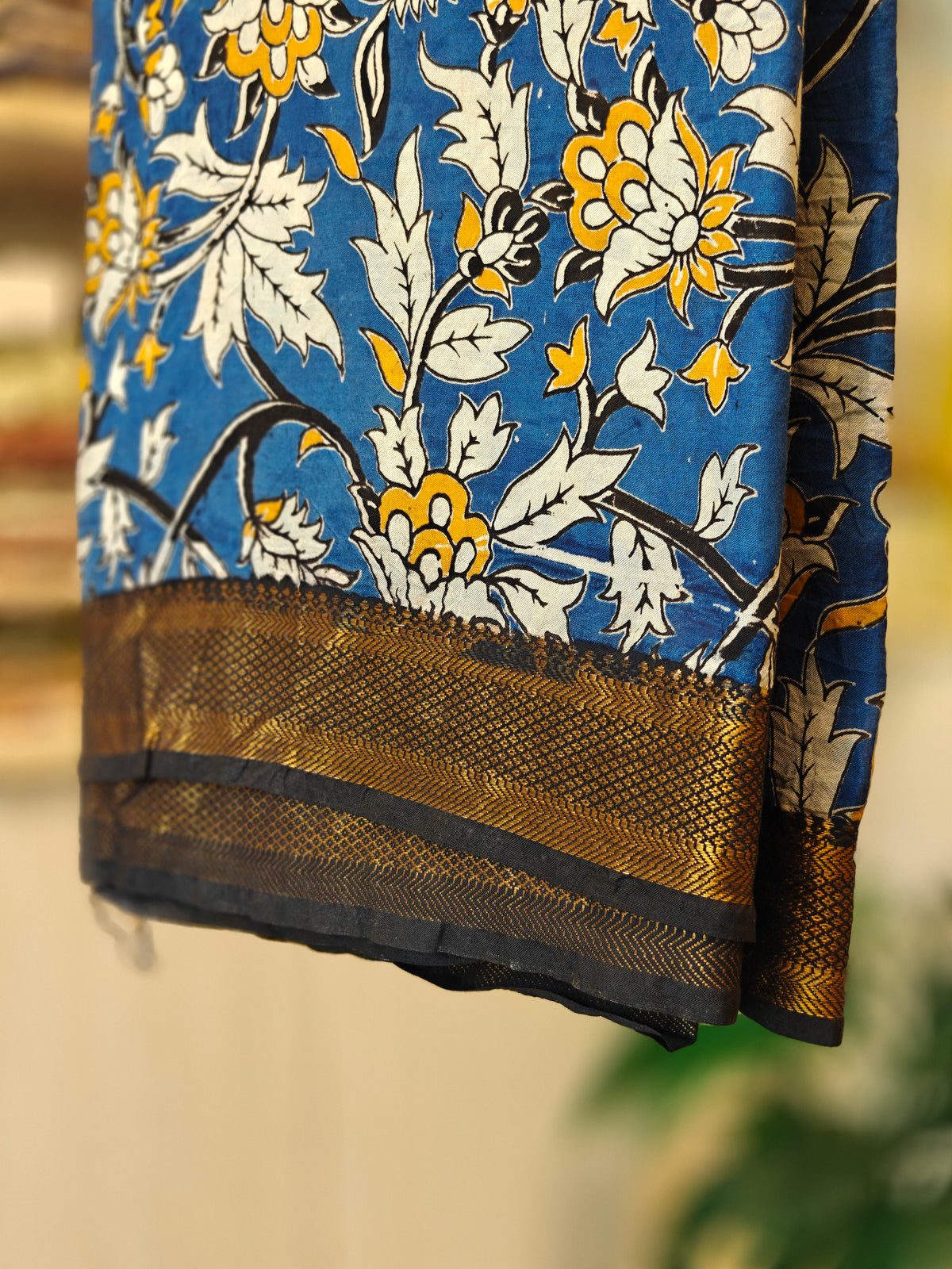 Blue Kalamkari Saree with Floral Prints