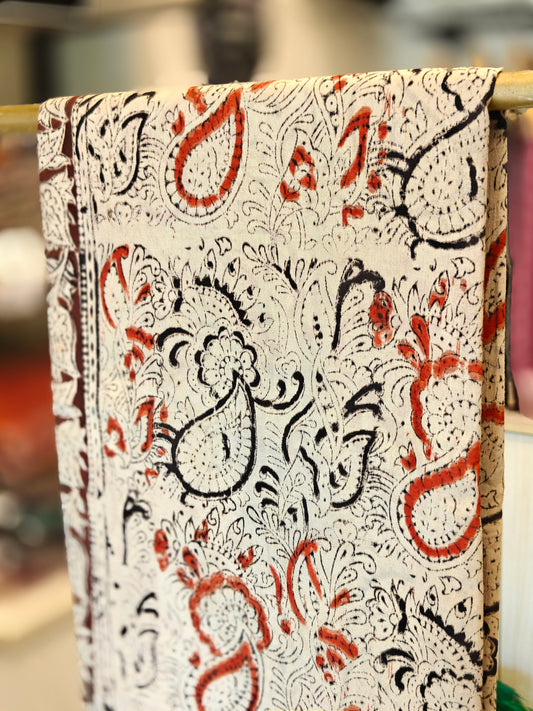 Cream Kalamkari Saree with Rust & Black Motifs