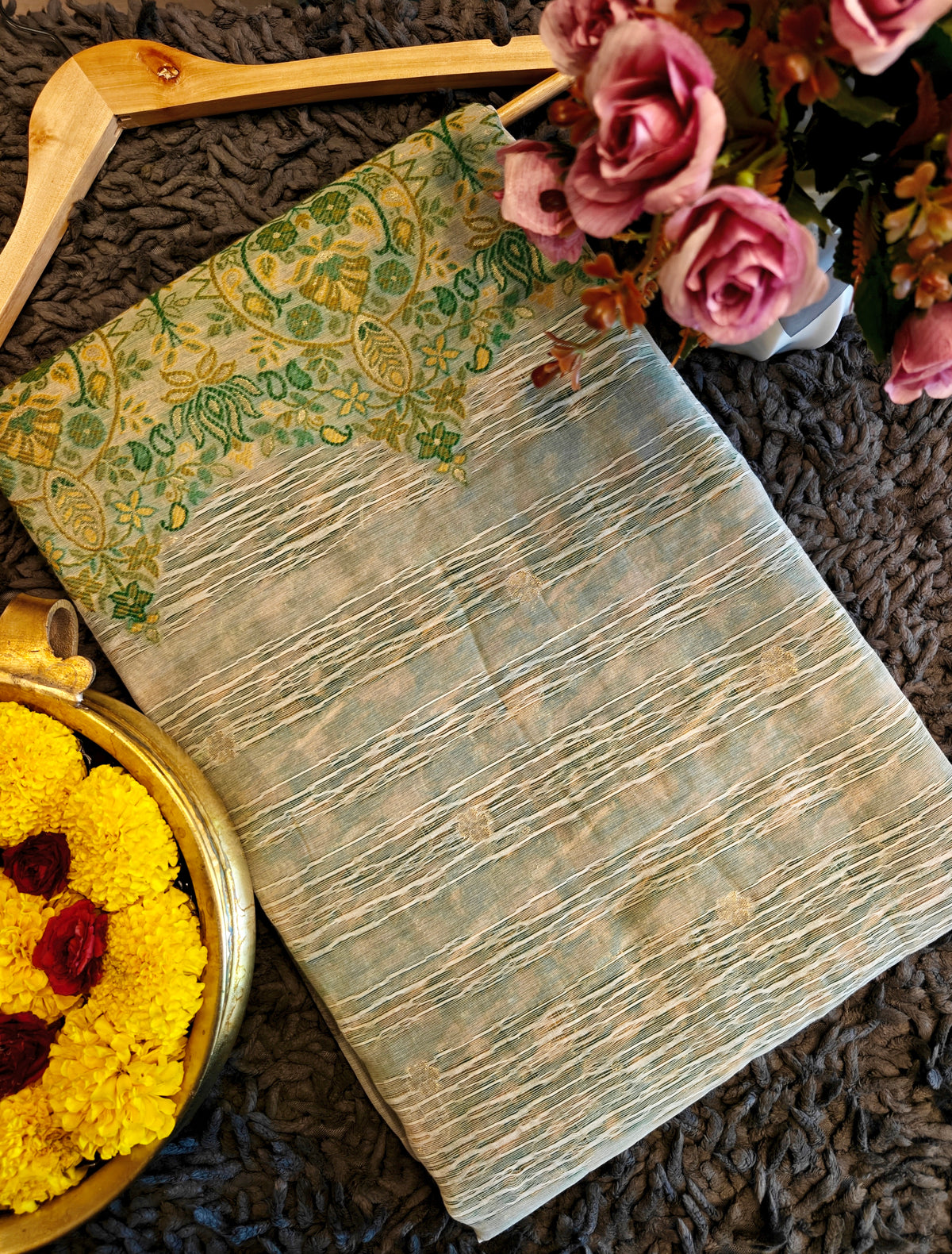 Green & Gold Motifs Pure Jamdani