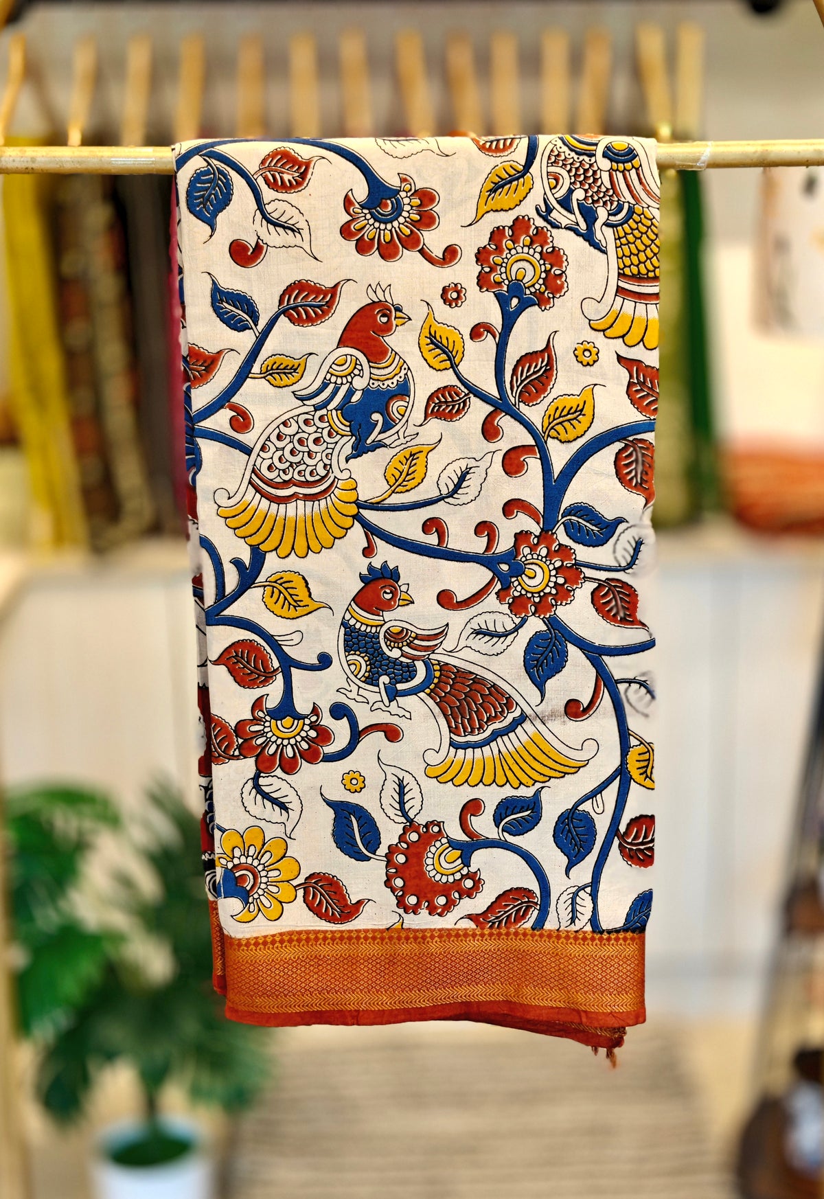 Cream Kalamkari Saree with Traditional Peacock Motifs
