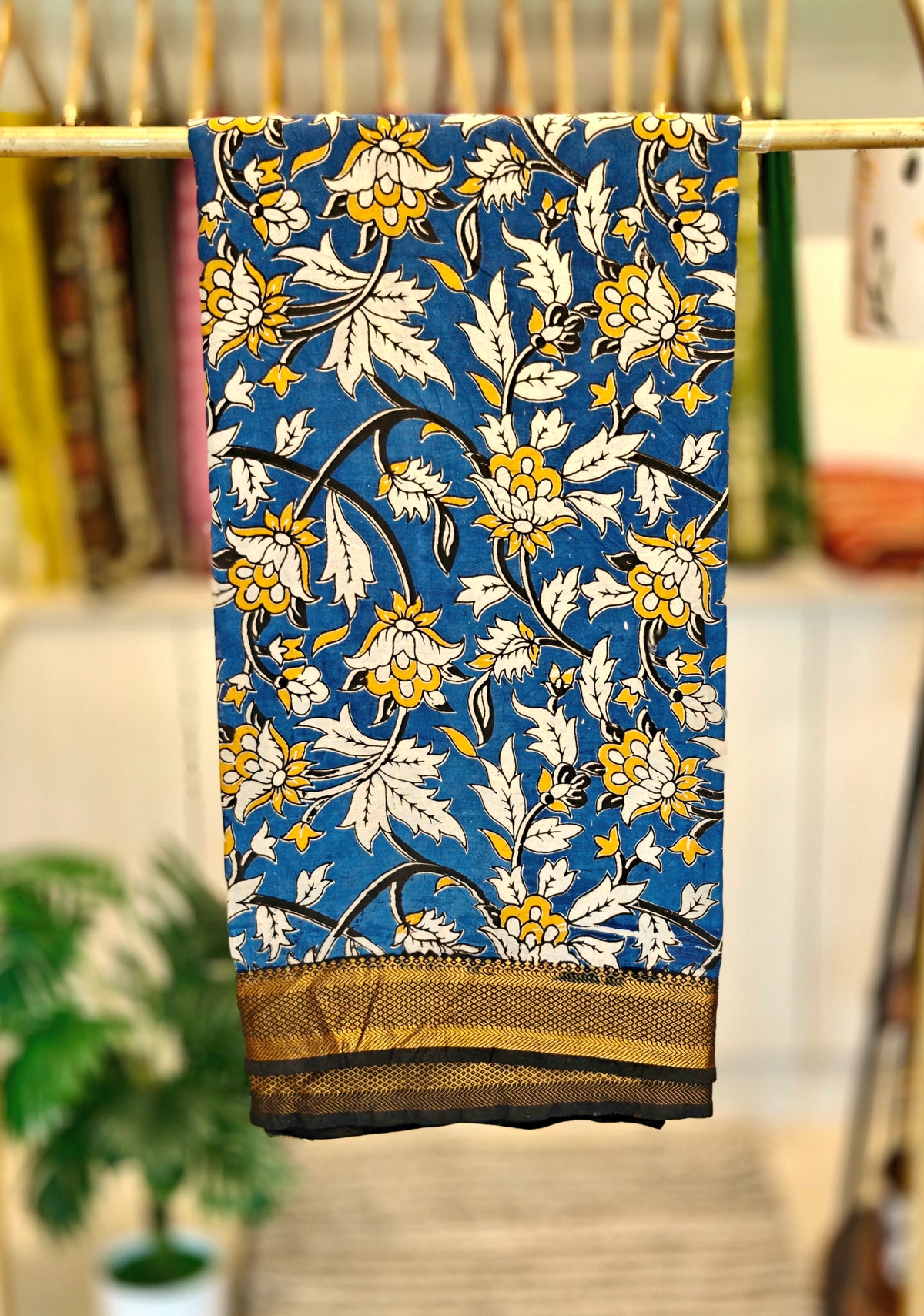 Blue Kalamkari Saree with Floral Prints