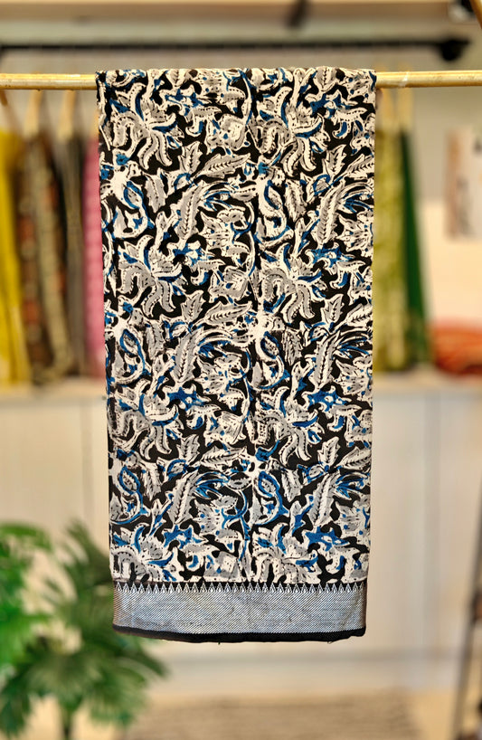 Black, White & Blue Kalamkari Saree
