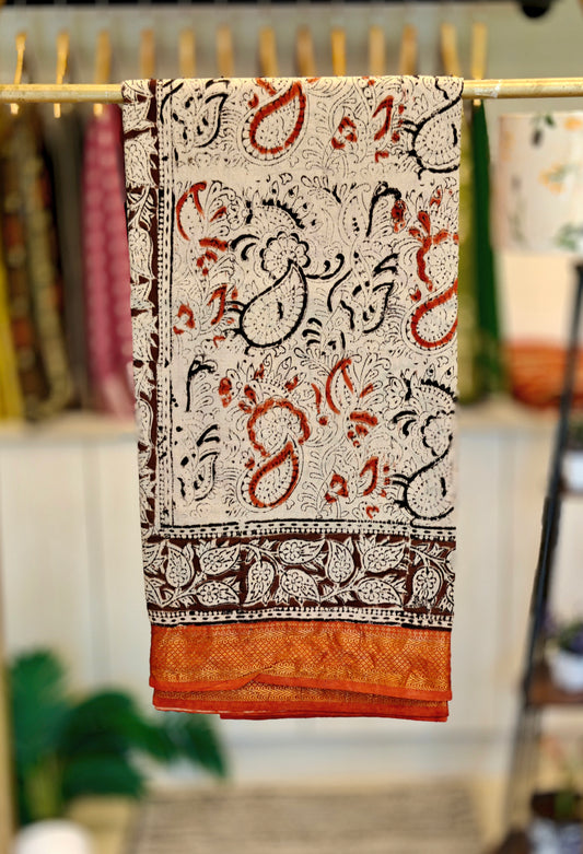 Cream Kalamkari Saree with Rust & Black Motifs