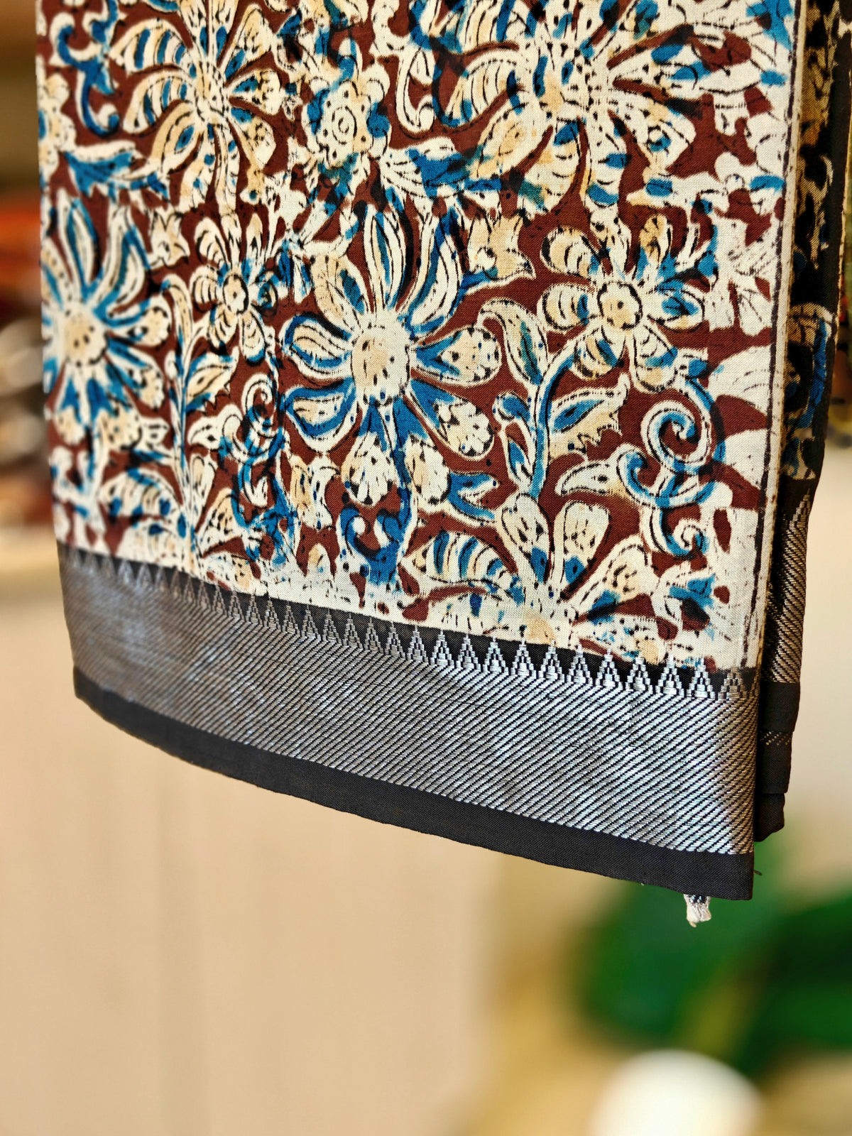 Brown & Blue Kalamkari Saree