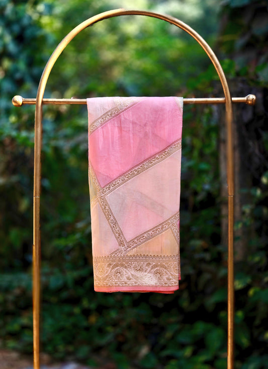 Blush Pink & Peach Saree with Elegant Gold Zari Border