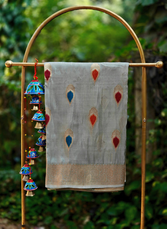 Silver Grey Banarasi Silk Saree with Multicolour Butti Motifs