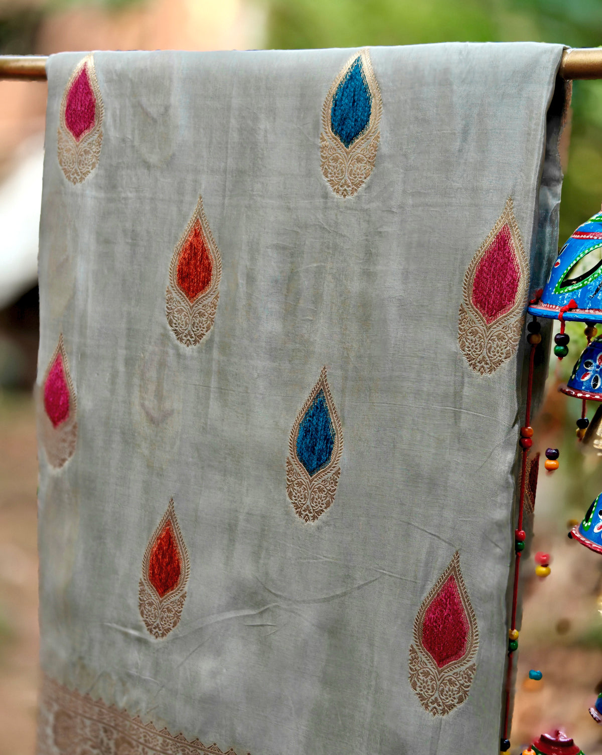 Silver Grey Banarasi Silk Saree with Multicolour Butti Motifs