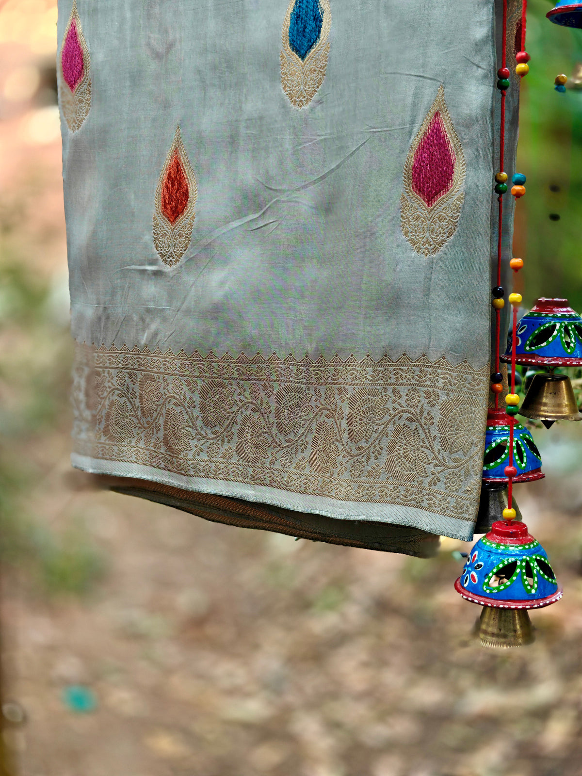 Silver Grey Banarasi Silk Saree with Multicolour Butti Motifs