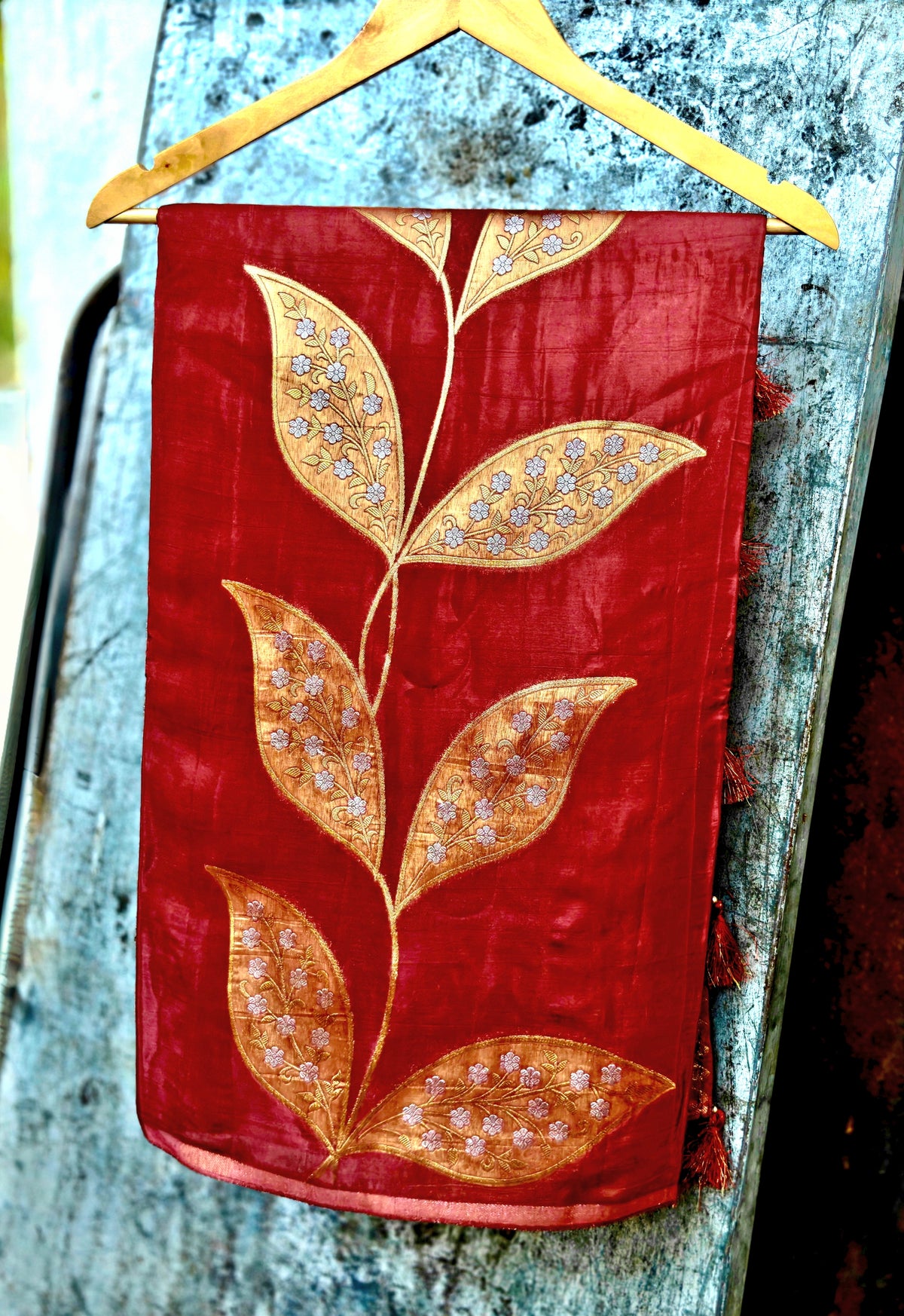Ruby Radiance Golden Leaf Glass Tissue Saree