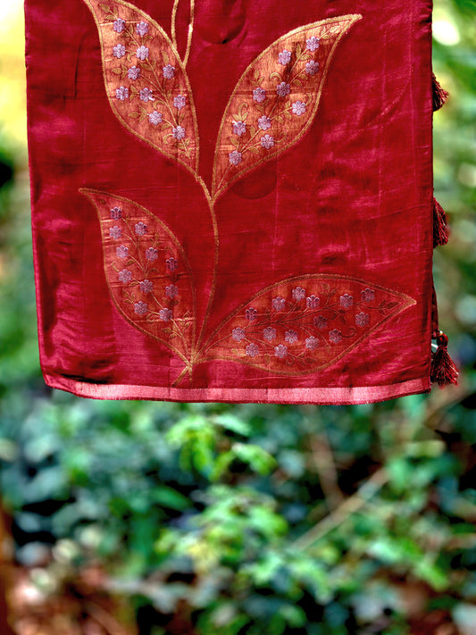 Ruby Radiance Golden Leaf Glass Tissue Saree