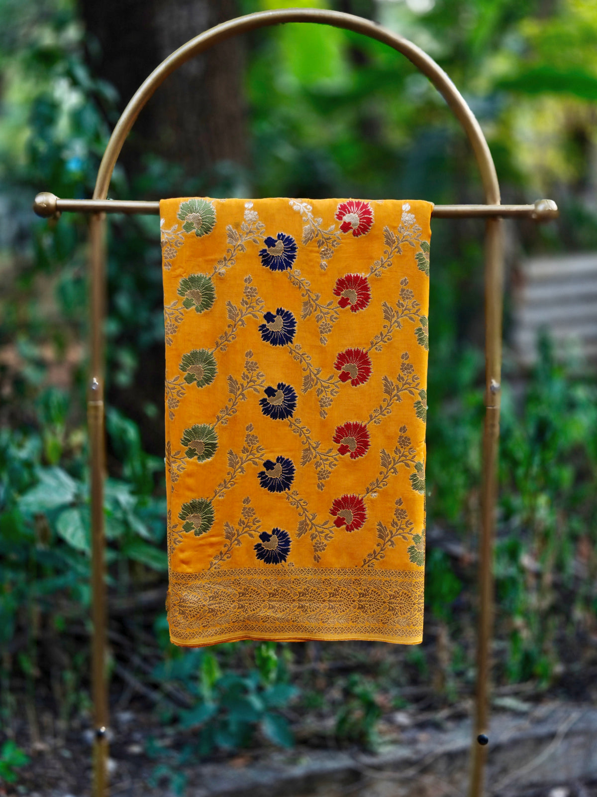 Mustard Yellow Georgette Meena Weaving Saree with Multicolour Floral Motifs