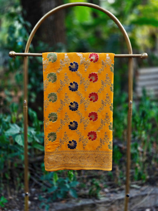 Mustard Yellow Georgette Meena Weaving Saree with Multicolour Floral Motifs