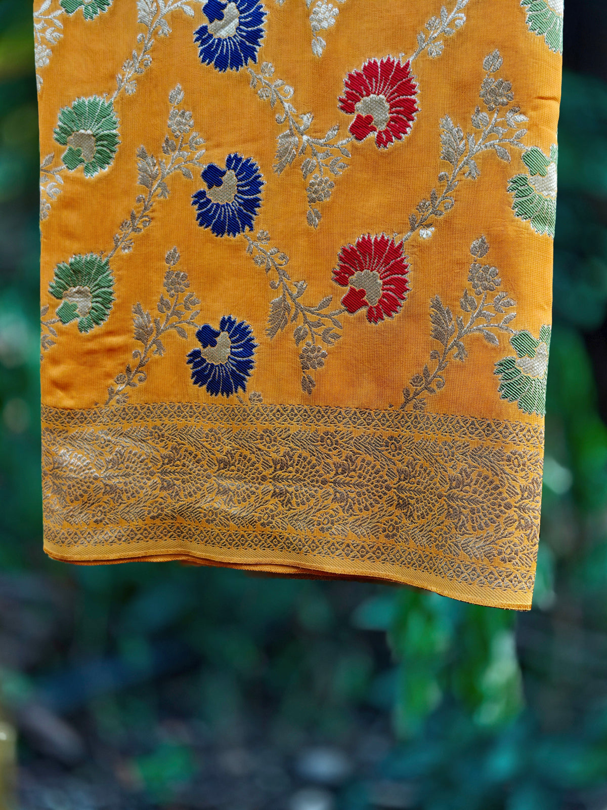 Mustard Yellow Georgette Meena Weaving Saree with Multicolour Floral Motifs