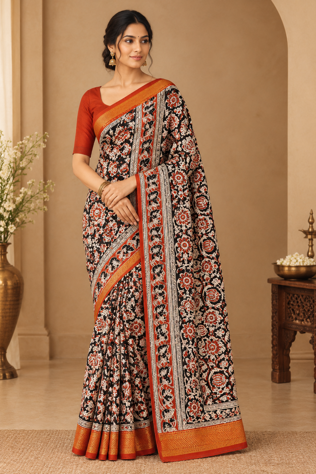 Black, Rust & Cream Kalamkari Saree