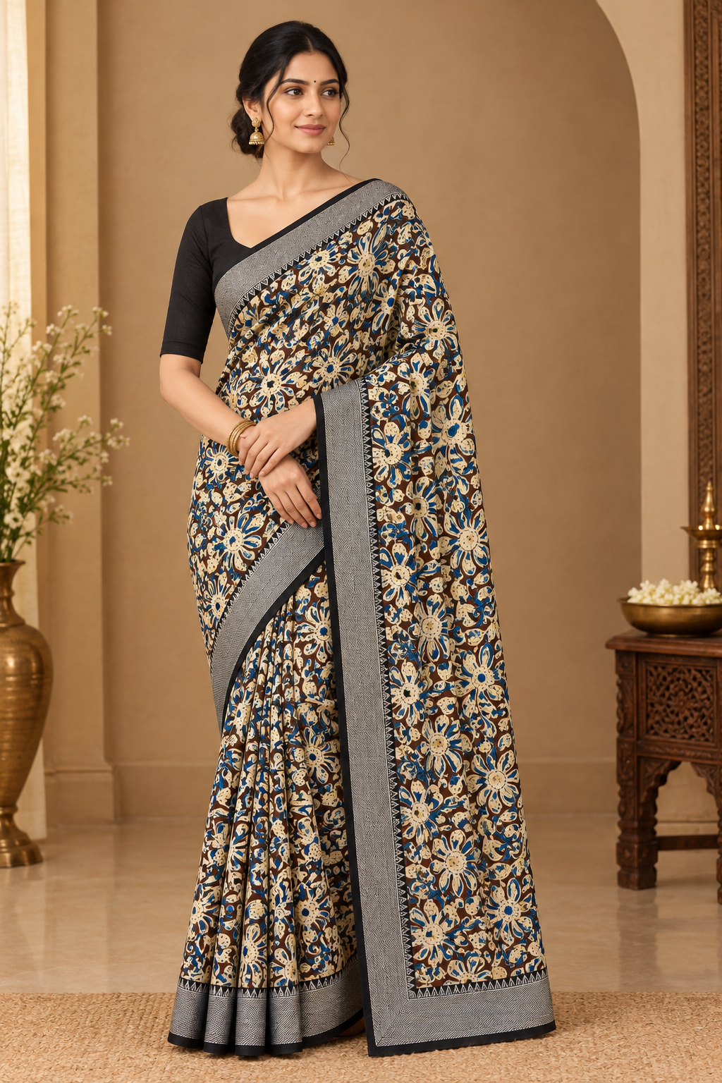Brown & Blue Kalamkari Saree