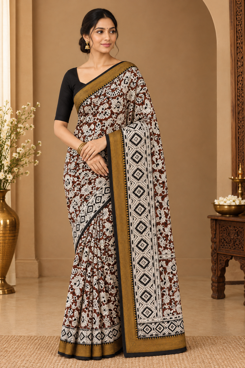 Brown & Cream Kalamkari Saree