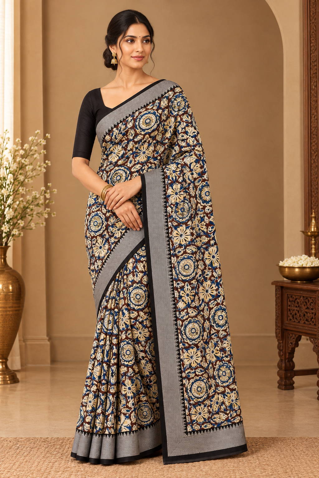 Brown & Blue Kalamkari Saree