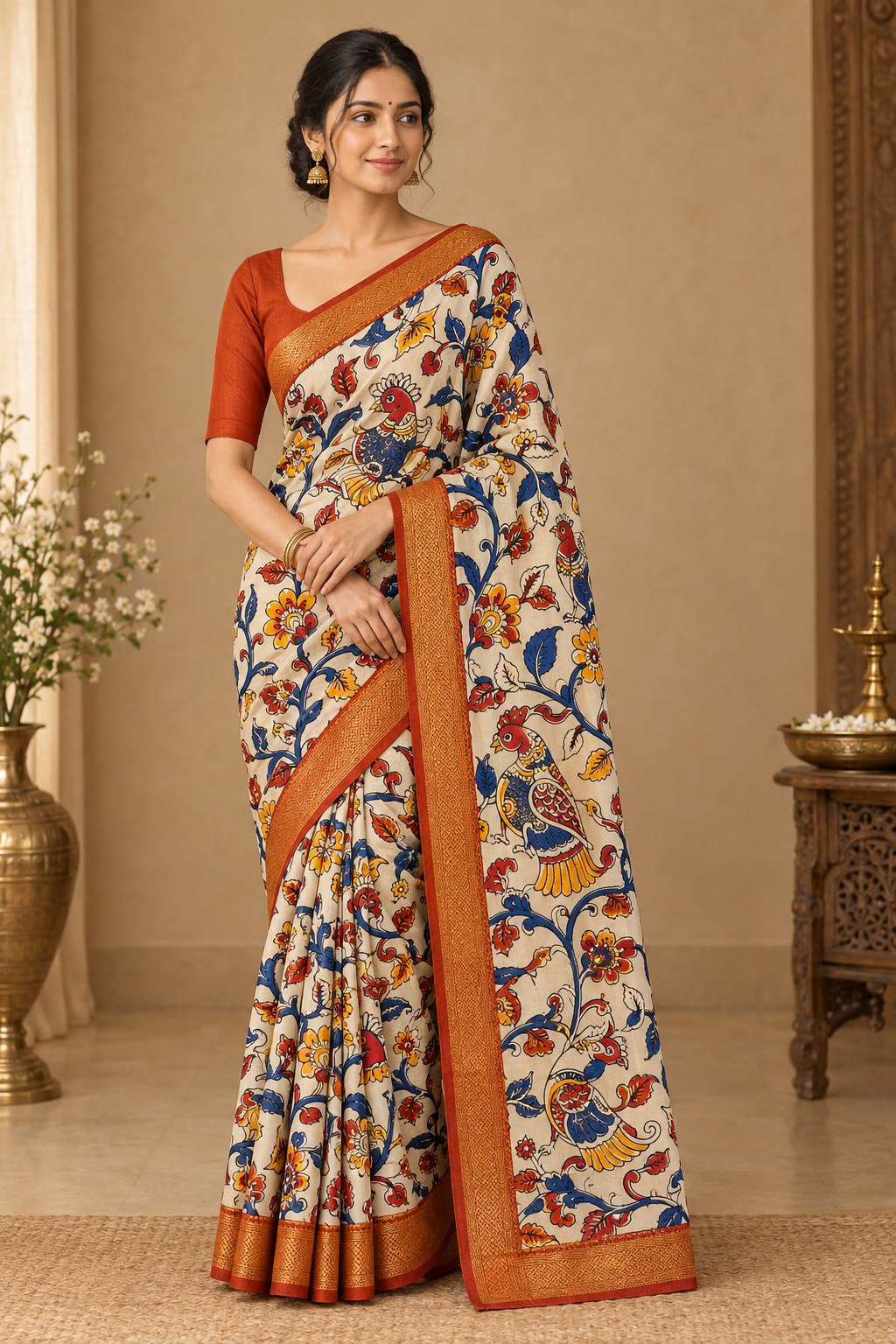 Cream Kalamkari Saree with Traditional Peacock Motifs
